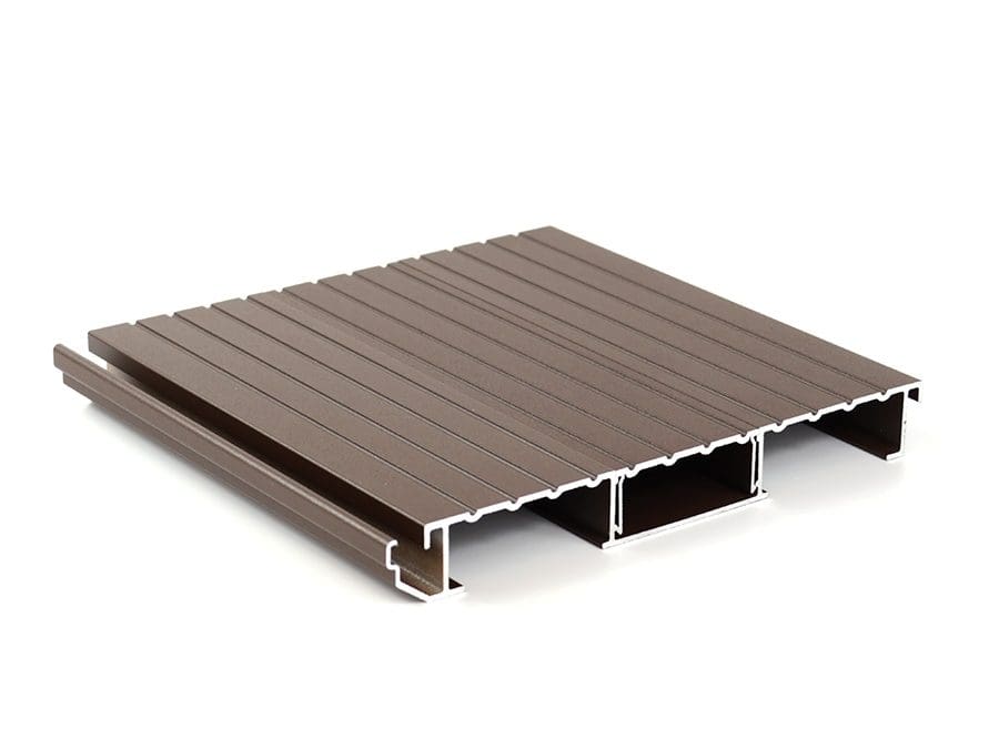 Side on view of an aluminium decking board